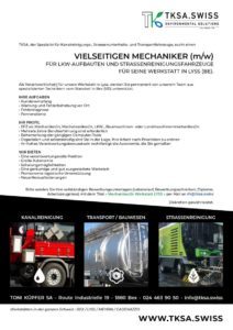 WANTED: Verantwortlicher für unsere neue Werkstatt in Lyss (BE) - Als vielseitiger Mechaniker (m/w) für LKW-Aufbauten und Strassenreinigungsfahrzeuge erwartet Sie eine interessante und vielseitige Herausforderung.
